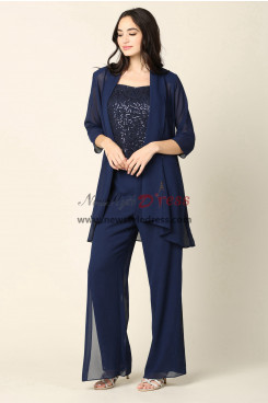 Plus Size Dark Navy Chiffon Mother of the Bride Pant Suits with Jacket Women Special Occasion Outfit nmo-993-2