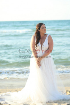 Plus Size Deep V-Neck Beach Wedding Dresses, Charming  Sweep Train Bride Dresses bds-0049