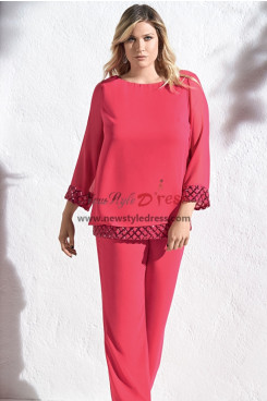 Plus Size Rose Red Chiffon Two Piece Pant Suits for Mother of the Bride Women Trouser Outfit nmo-1010
