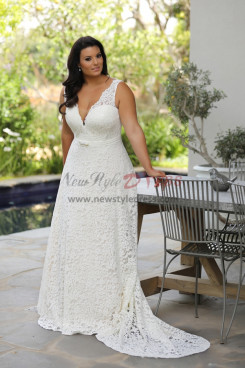 Plus Size V-neck Lace Wedding Dresses, Sleeveless Garden Bride Dresses bds-0050-1