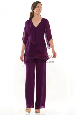 Purple Chiffon Fashion Mother of the Bride Pant Suit,Two Piece Half Sleeves Women's Pant Suits mos-0013-2
