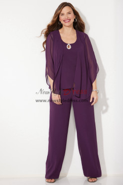 Purple Elastic Waist Chiffon Mother of the Bride Pant Suits Dresses with Jacket Grape nmo-991