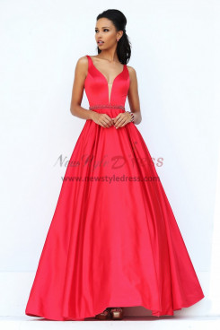 Red A-Line Deep V-Neck Prom Dresses, Classic Hand Beading Belt Wedding Party Dresses pds-0073-6