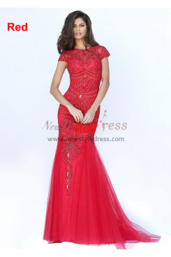 Red Gorgeous Hand Beading Prom Dresses, Sheath Cap Sleeves Wedding Party Dresses pds-0067-4