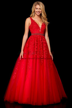 Red Lace A-Line V-Neck Prom Dresses, Classic Empire  Wedding Party Dresses with Hand Beading Belt pds-0074-3