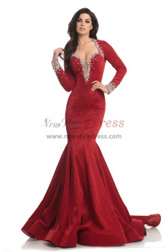 Red Long Sleeves Sheath Evening Dresses, Gorgeous Mermaid Wedding Party Dresses pds-0046-1