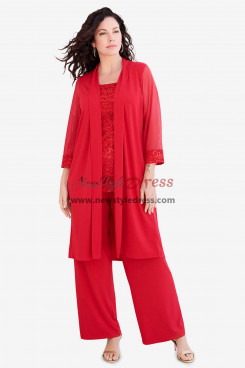 Red Three Piece Sequins Mother of the Bride Pant suits Dresses with Jacket nmo-1000-4