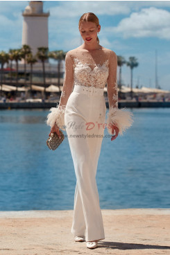 Romance Beaded Lace Bodice Wedding Jumpsuits Dresses Feathers Cuff to Sleeves wps-318
