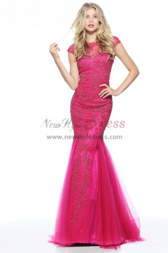 Rose Red Cap Sleeves Hand Beading Prom Dresses, Gorgeous Mermaid Ruffles Wedding Party Dresses pds-0080
