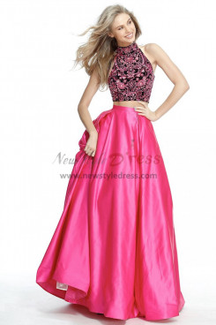 Rose Red Gorgeous Halter Prom Dresses, Classic Chest Appliques Wedding Party Dresses pds-0075-1