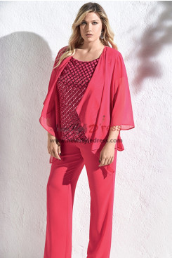 Rose Red Three Piece Chiffon Pant Suits for Mother of the Bride Wedding Guests Trouser Outfits nmo-1012