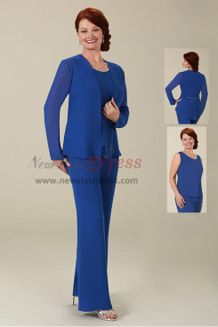Royal blue chiffon Mother of the bride pant suits 3PC trousers set with jacket nmo-426