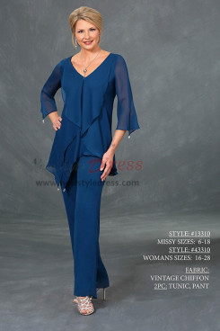 Royal blue chiffon V-neck Mother of the bridal pant suit three quarter sleeve nmo-427