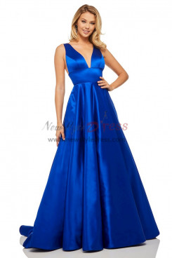 Royal Blue Deep V-Neck A-Line Empire with Pockets Prom Dresses, Satin Wedding Party Dresses pds-0001-1