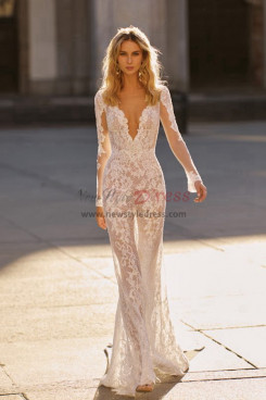 Sexy deep v-neck wedding dresses,long sleeves lace bride dresses bds-0010