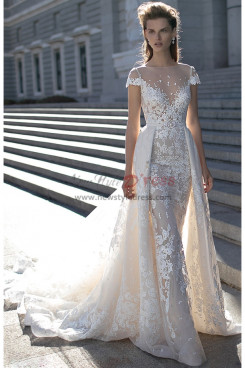 Sheath cap sleeves illusion neckline overskirt wedding dress, embroidery chapel train lace bride dresses bds-0006