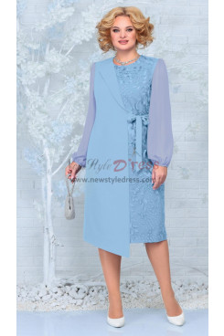 Sky Blue Fashion Long Sleeves Mother of the Bride Dresses, Mid-Calf Women's Dresses With Bow mds-0024-7