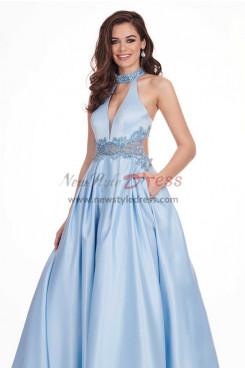 Sky Blue Halter Empire A-Line Prom Dresses, Floor Length Wedding Party Dresses pds-0064-3