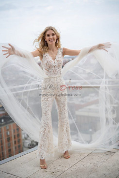 Stunning Lace Wedding Jumpsuits With Tulle Overskirt Beach Bridal Dresses wps-306
