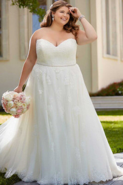 Sweetheart A-line Plus Size Wedding Dresses, Empire Lace Bride Dresses With Hand Beading Belt bds-0060