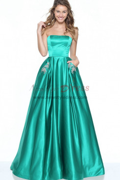 Turquoise Strapless Tight Satin Prom Dresses, Gorgeous A-Line Wedding Party Dresses with Pockets pds-0082-2
