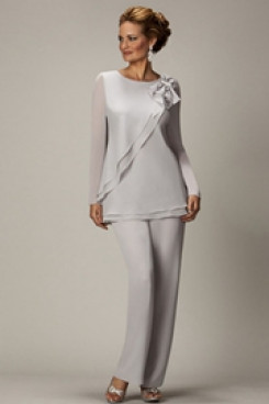 Long Sleeves Light Gray Two piece Chiffon mother of the bride pants suits nmo-020