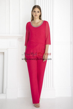 Two Piece Red Neckline Grandmother of the Bride Pant suits Wedding Guest Outfit for Women mo-958