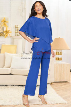 Under $100 Two Piece Royal Blue Chiffon Mother of the Bride Pant suits with Elastic Waist nmo-989-3