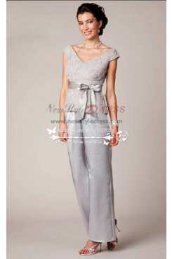 V-Neck Mother of the bride pant suit Gray satin with lace nmo-188