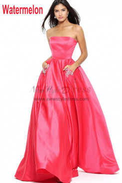 Watermelon Strapless Tight Satin Prom Dresses, Gorgeous Strapless A-Line Wedding Party Dresses with Pockets pds-0082-3