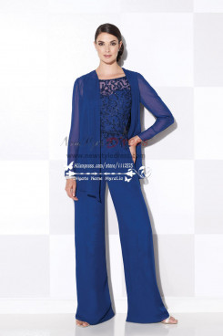 Women's delicate royal blue chiffon wedding party dress with hand beading mother of the bride pant suits nmo-194