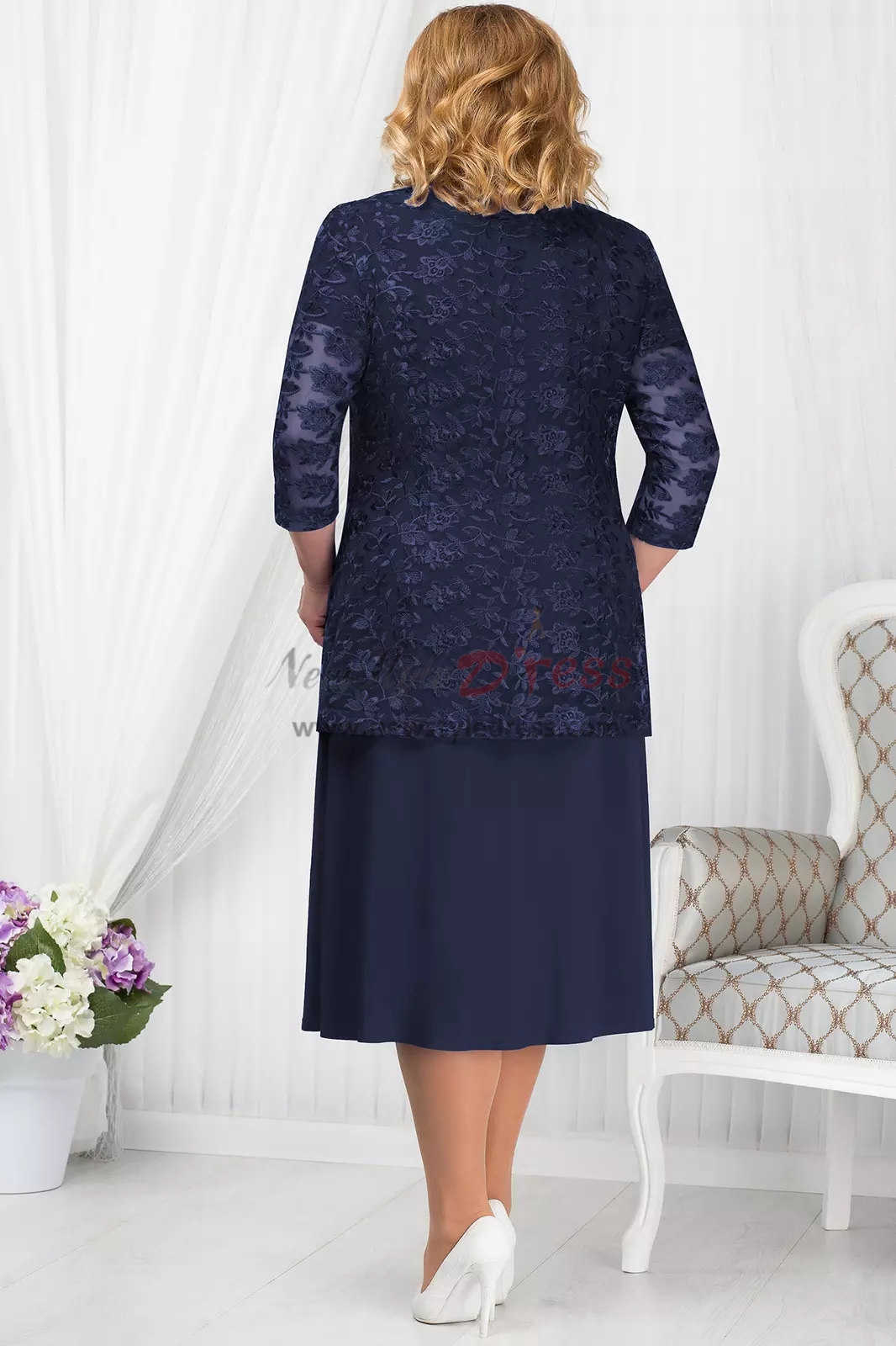 Plus size Dark navy Mother of the bride dress with Lace jacket Classic ...
