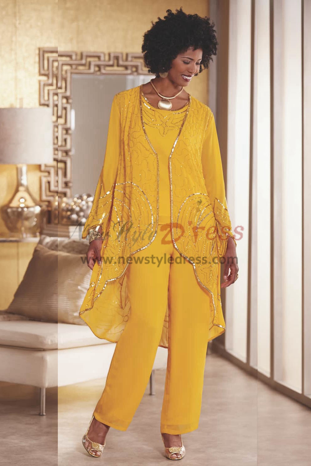 Gold Yellow Beaded Trousers outfit Mother of the bride pant suit Wear ...
