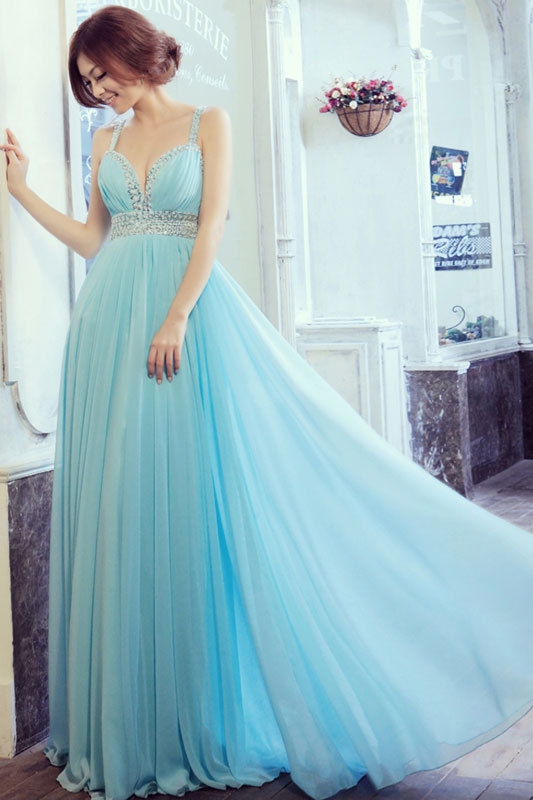 Light Sky Blue Spaghetti V-neck Empire long prom dress np-0241