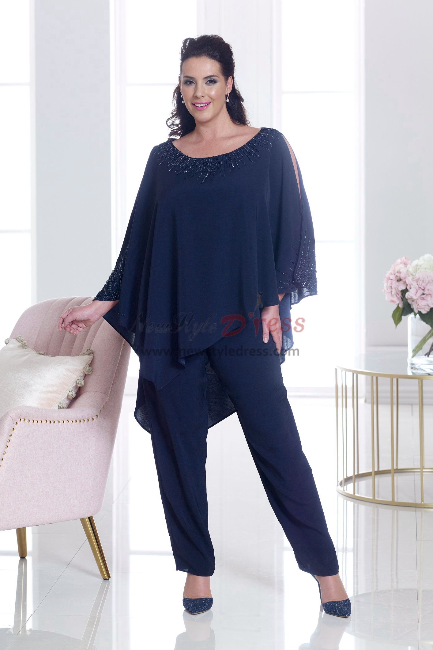 Navy Beaded chiffon pant suits for mother of the bride Wedding party ...