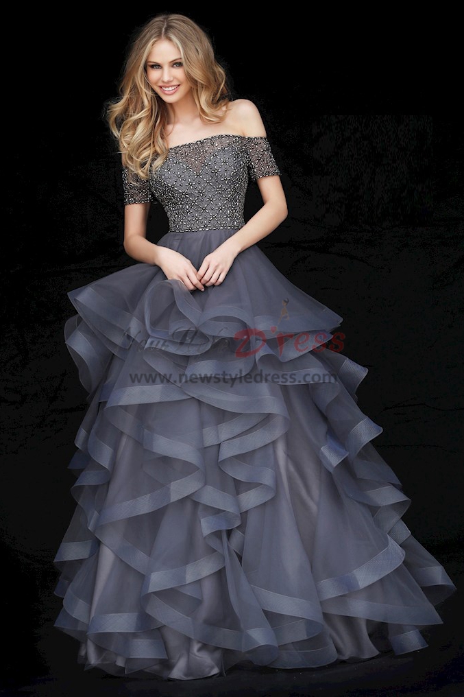 Off the Shoulder Charcoal Chest Appliques Prom Dresses, Multilayer ...