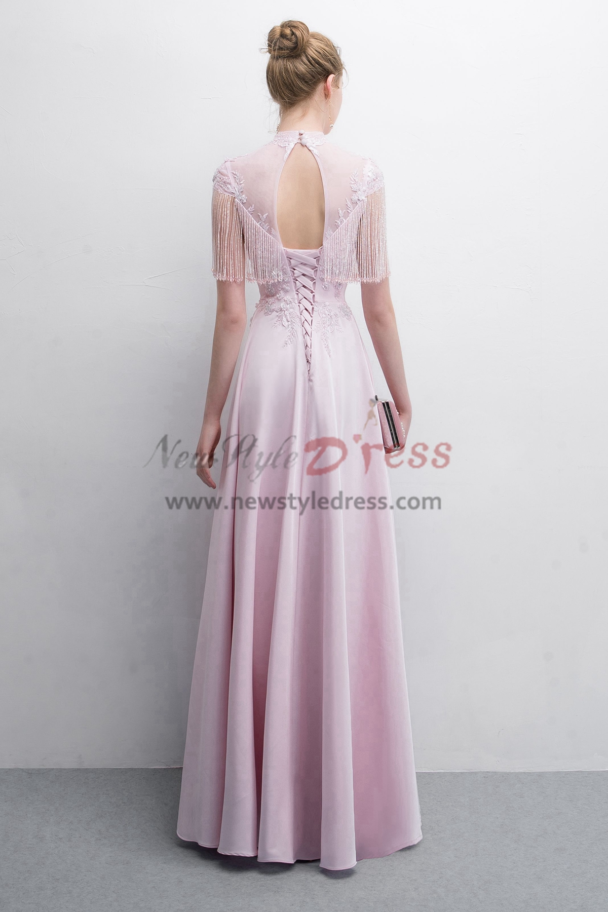 Pink Charmeuse Prom dresses With Hand Beaded Tassel NP-0386