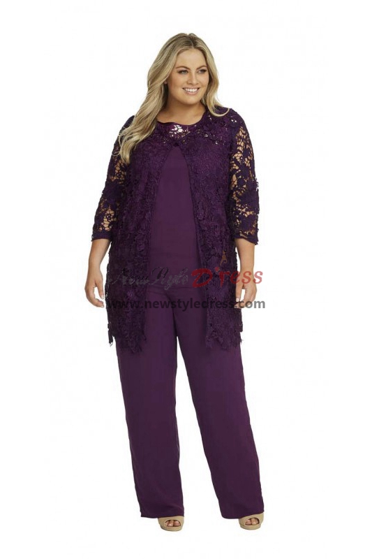 3 Pieces Plus Size Mother of the Bride Pant Suits with Lace Jacket ...