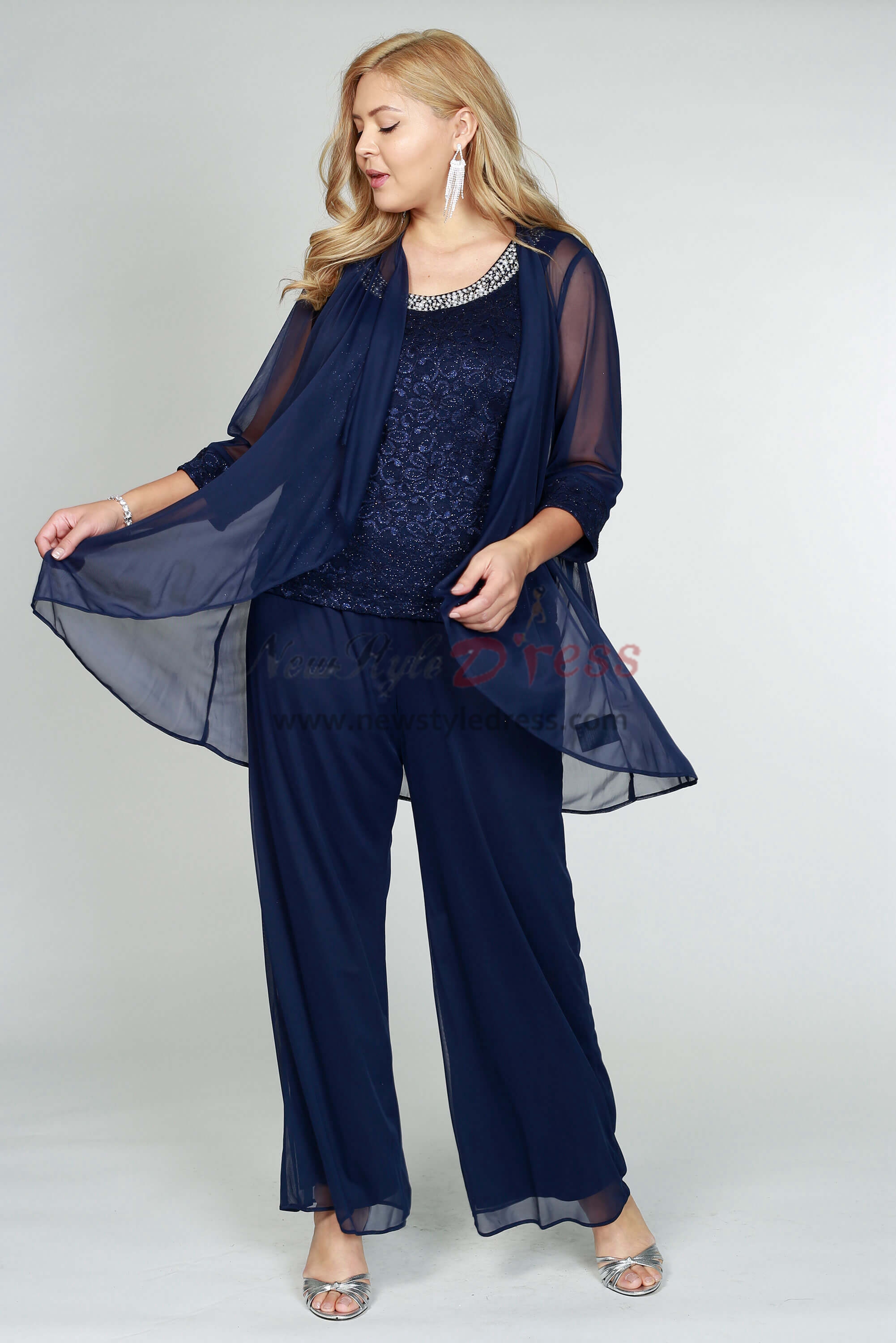 Plus Size Dark Navy Chiffon Trousers Outfit for Women Mother of the ...