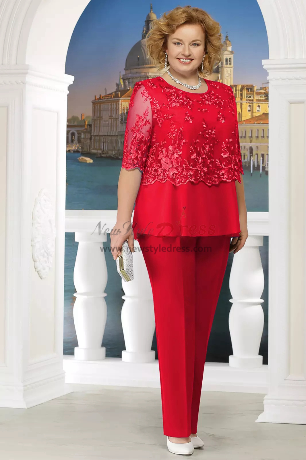 Red Plus Size Mother Of The Bride Pant Suit Women 3pc Trousers Outfits