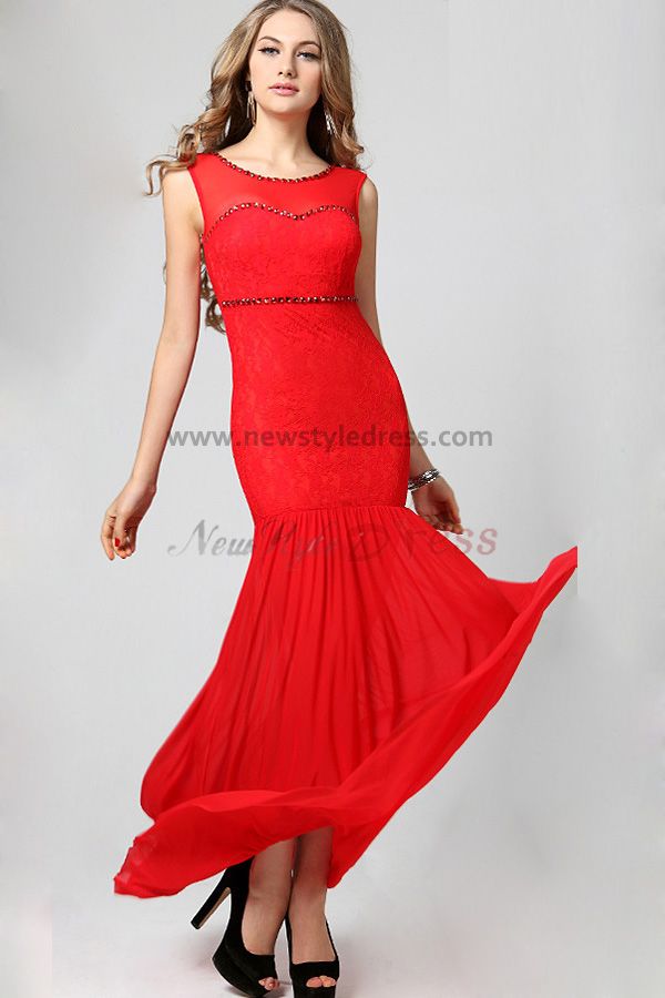 Mermaid Cheap Ivory/red Jewel Glass Drill Neckline prom dress np-0354