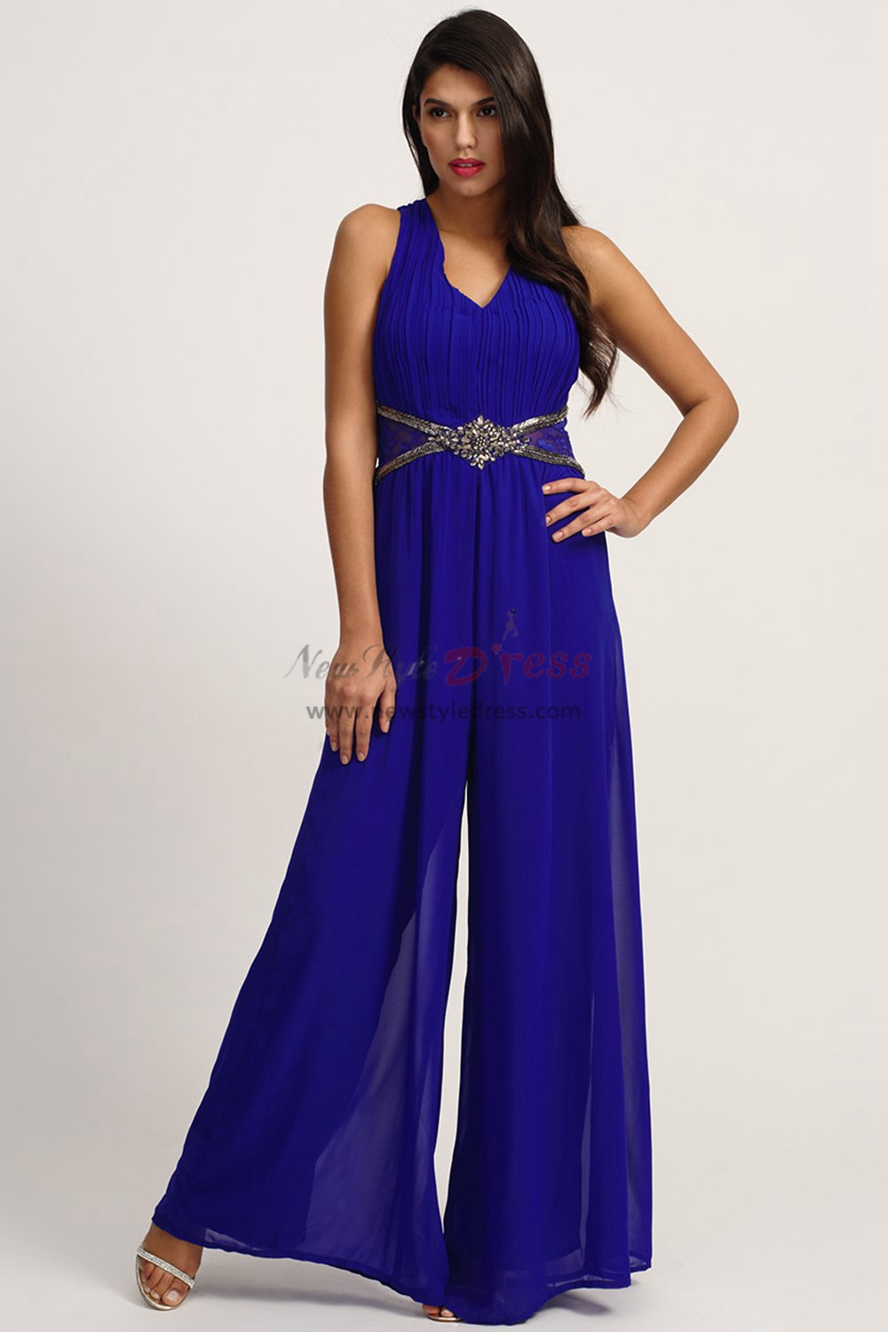 Royal blue chiffon prom jumpsuit with Criss-Cross Straps wps-175