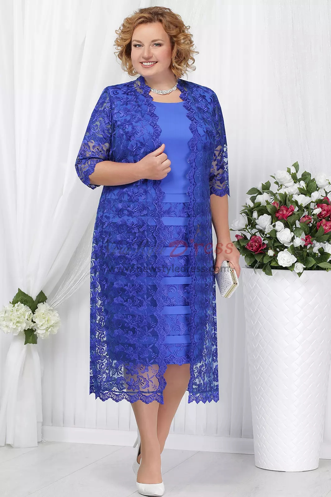 Mid-Calf Plus size Mother of the bride dress with jacket Pink lace