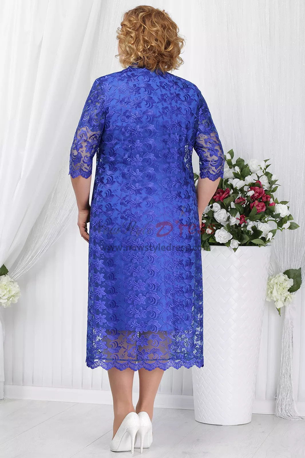 Royal blue Plus size Mother of the bride dress with jacket Mid-Calf