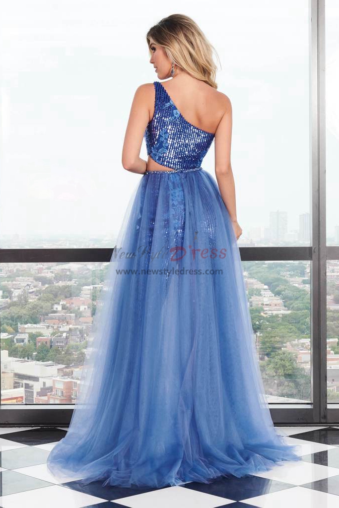 Royal blue One Shoulder prom Jumpsuits with detachable skirt Sequins
