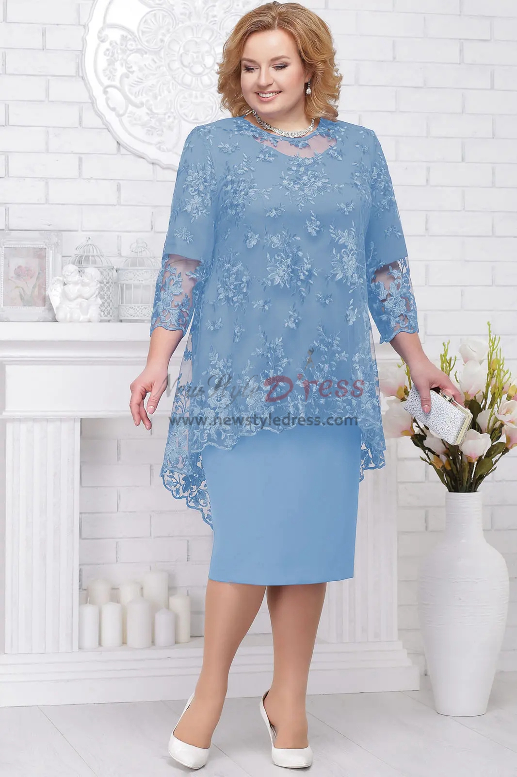 Knee-Length Plus size Mother of the bride chiffon dress with lace ...