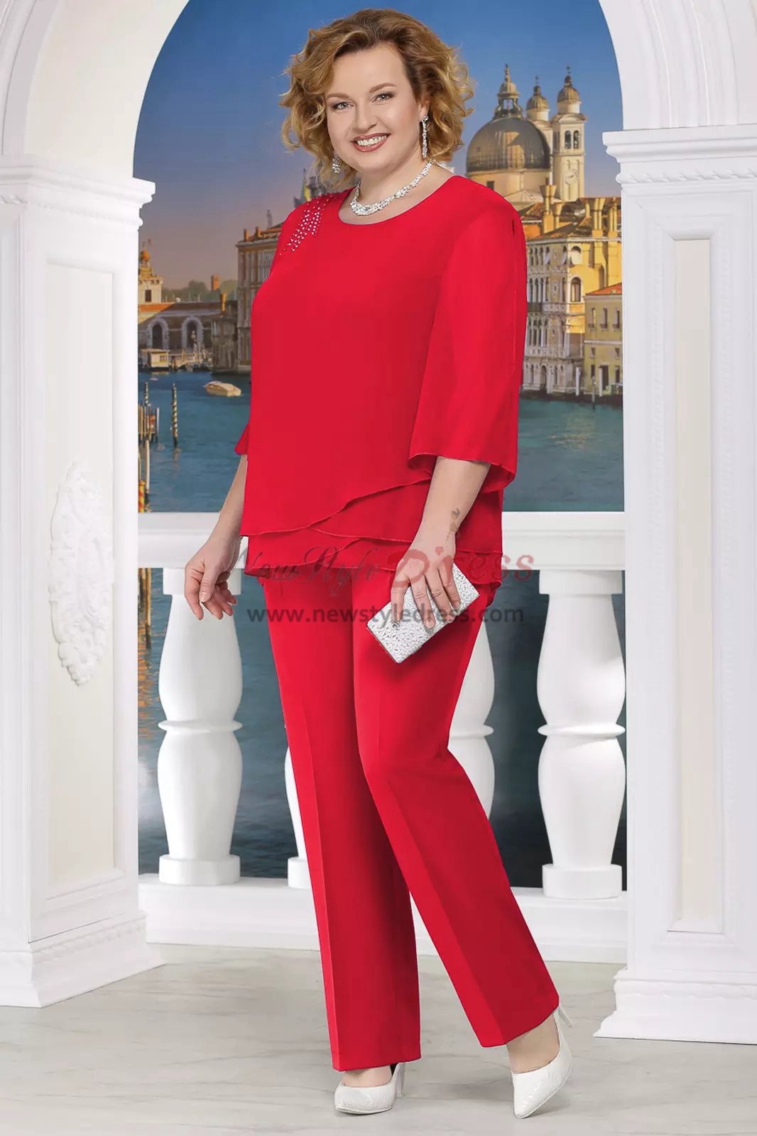 Red Plus Size Mother Of The Bride Pant Suits Two Piece Chiffon Women