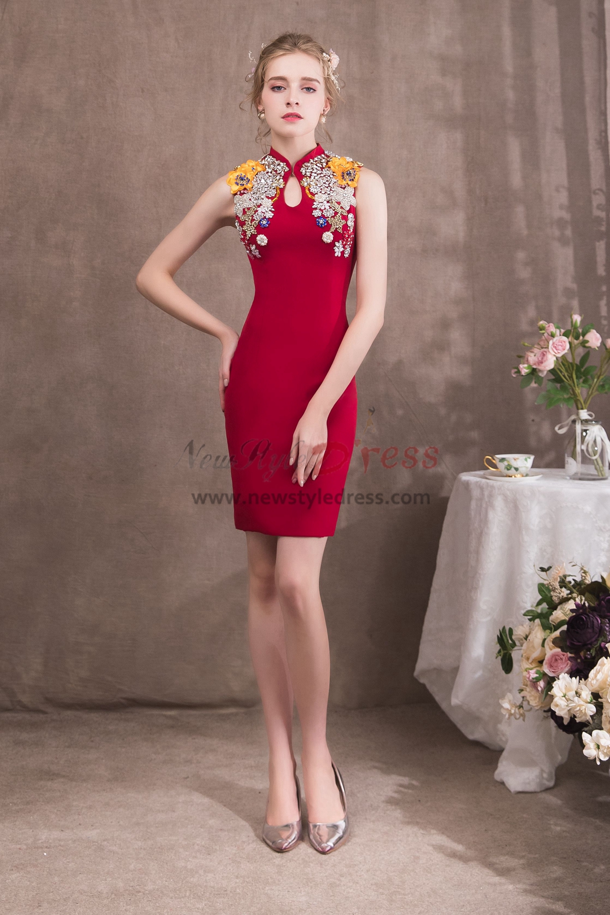 Women Chinese Style Red Knee Length Sheath Prom Dresses Np 0423